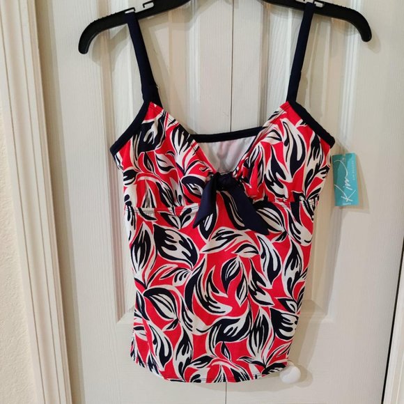 Kim Rogers Swim Coral Navy Tankini Swim Top Bow Adjustable Straps Medium NWT - Picture 1 of 2